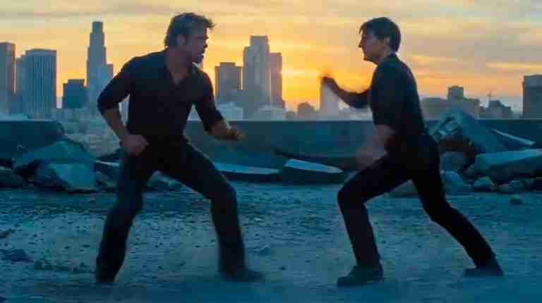 AI-generated video of Tom Cruise fighting Brad Pitt on a rooftop, illustrating the growing AI video screenplay impact in Hollywood
