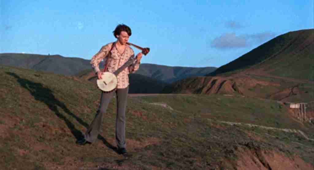 Harold standing on a cliffside playing the banjo after crashing his hearse, symbolizing his choice to embrace life.