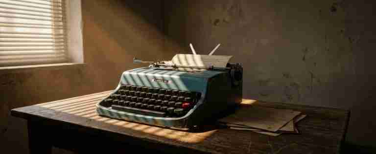 Cormac McCarthy's Olivetti Lettera 32 typewriter on a bare wooden desk with venetian blind shadows and scattered manuscript pages