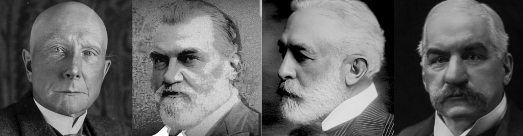 Portraits of John D. Rockefeller, Leland Stanford, Henry Clay Frick, and J.P. Morgan — the Gilded Age robber barons whose power structure Noah Cross embodies in Chinatown 1974