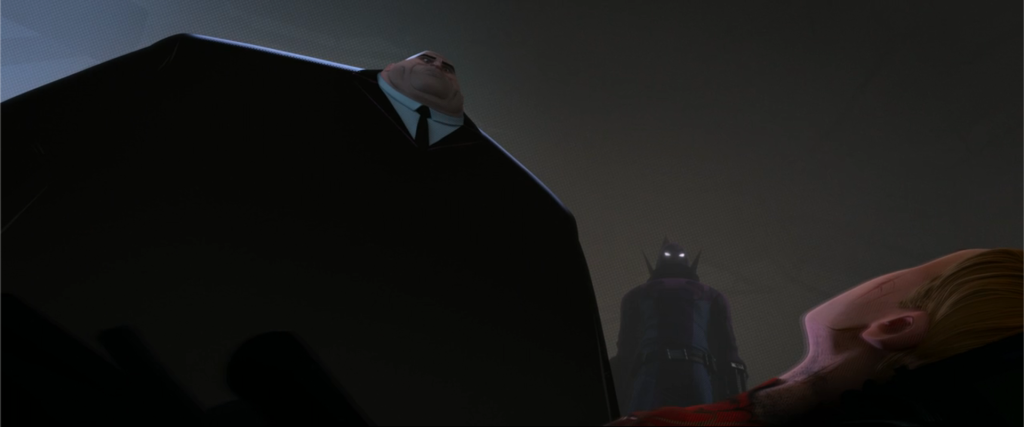 Kingpin looming in the foreground with the Prowler standing over the mortally wounded original Spider-Man, the Plot Point I inciting event in Spider-Man Into the Spider-Verse