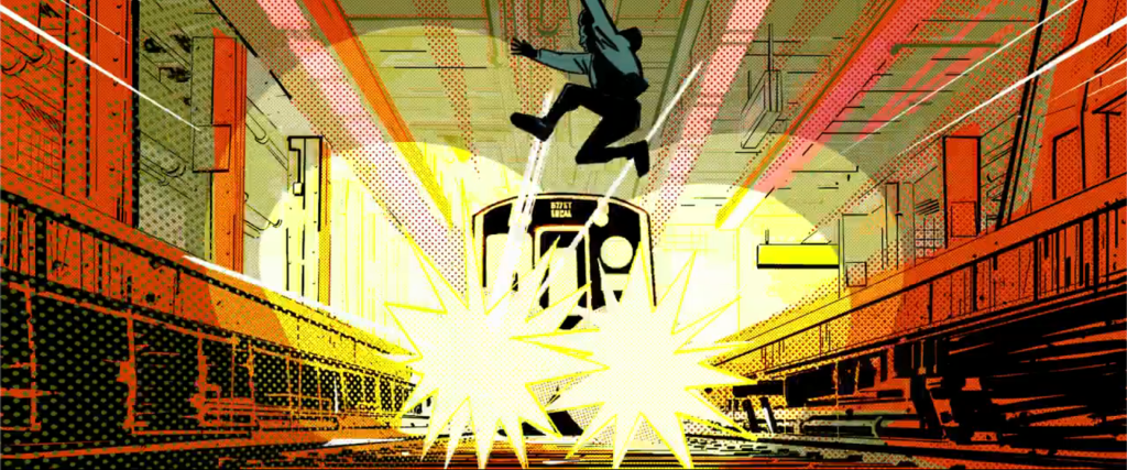 Miles Morales leaping onto a subway train while fleeing the Prowler in Spider-Man Into the Spider-Verse, rendered in the film's signature comic-book animation style with Ben-Day dots and explosion panels