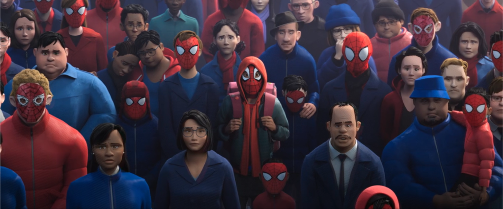 New York City mourners wearing Spider-Man masks at the public funeral scene in Spider-Man: Into the Spider-Verse, with Miles Morales at the center in a red hoodie