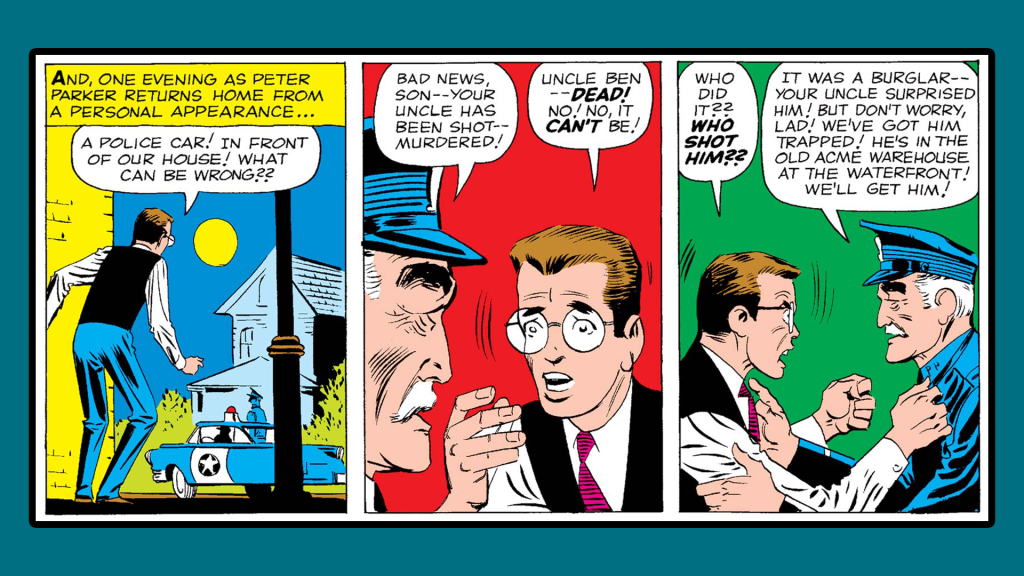 Three-panel sequence from Amazing Fantasy #15 showing Peter Parker learning from a police officer that Uncle Ben has been shot and that the burglar is trapped at a waterfront warehouse.
