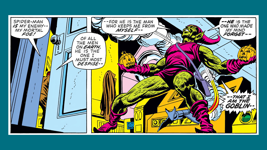 Norman Osborn's transformation back into the Green Goblin, brandishing pumpkin bombs in both hands.