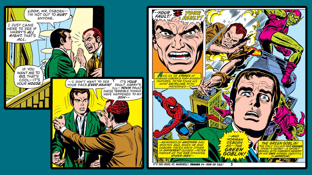 Peter Parker confronted by Norman Osborn, with Peter's silent recognition of Osborn as the Green Goblin shown as a memory-swirl of past encounters between Spider-Man and the Goblin.