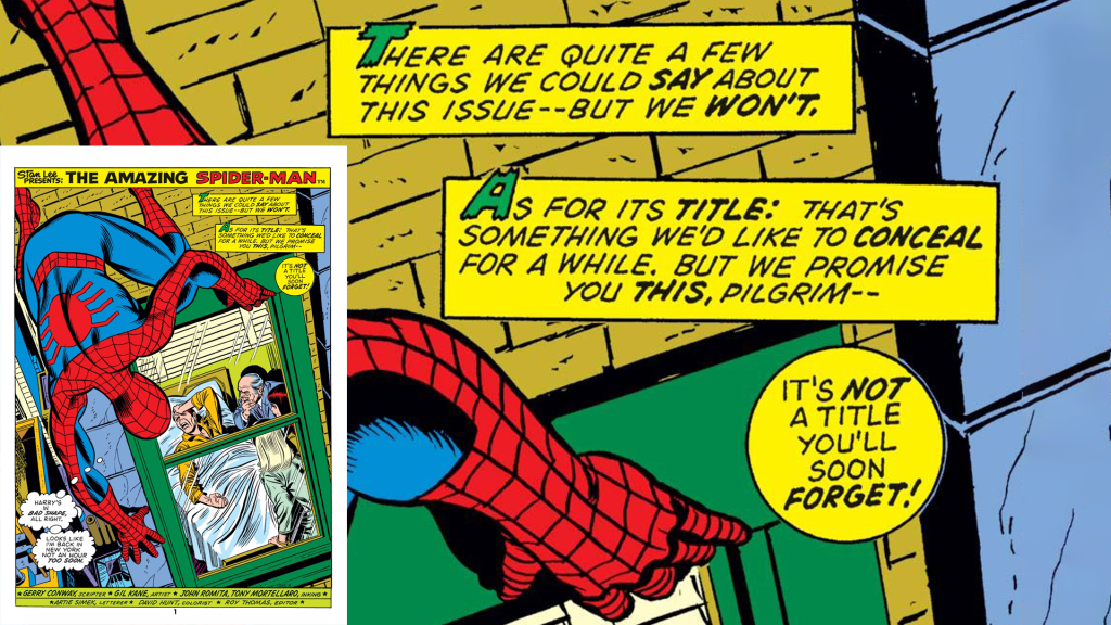 Spider-Man clings to the apartment window outside, watching Harry Osborn collapsed in psychosis with Norman Osborn and Dr. Ray at the bedside.