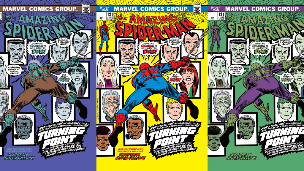 Cover of The Amazing Spider-Man #121 in three color variants, Spider-Man swinging past portraits of Aunt May, Mary Jane, Gwen Stacy, Harry and Norman Osborn, Joe Robertson, J. Jonah Jameson and Randy Robertson.