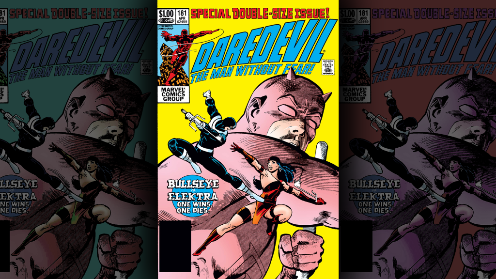 Cover of Daredevil #181 (April 1982) by Frank Miller — the killing of Elektra, the first major application of the Gwen Stacy template.