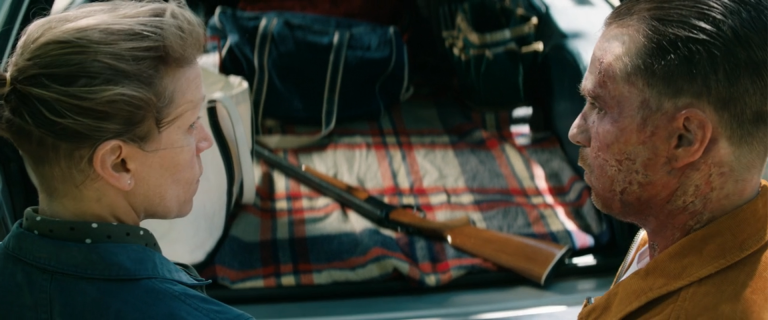 Three Billboards Outside Ebbing, Missouri meaning — Mildred and Dixon with the shotgun between them in the trunk before the Idaho road trip