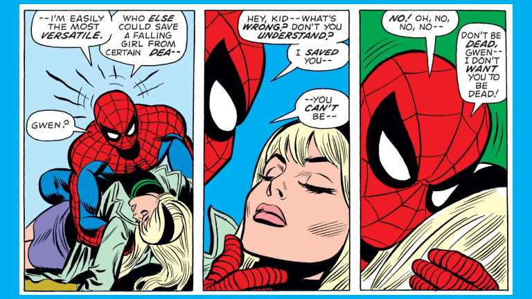 Spider-Man realizing Gwen Stacy is dead in the final panels of Amazing Spider-Man #121 — the moment that ended the Silver Age.
