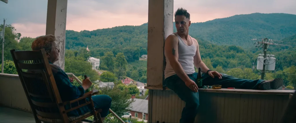 Jason Dixon and his mother drinking beer on the porch in Three Billboards Outside Ebbing, Missouri