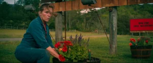 Mildred Hayes tends red flowers at the base of her billboards in Three Billboards Outside Ebbing, Missouri