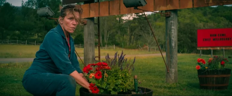 Mildred Hayes tends red flowers at the base of her billboards in Three Billboards Outside Ebbing, Missouri
