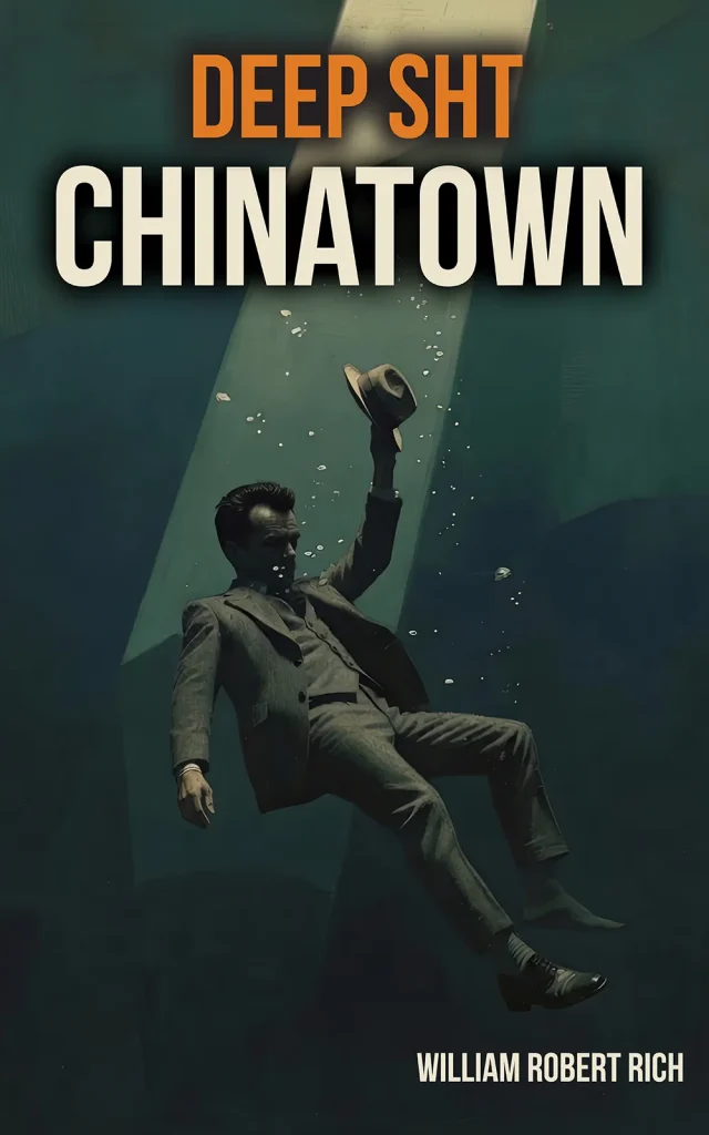Book cover for Deep SHT: Chinatown showing a painted man in a 1930s suit sinking underwater, reaching for his fedora in a shaft of light.