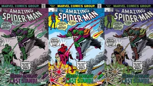 Cover of The Amazing Spider-Man #122 (July 1973), "The Green Goblin's Last Stand!" — the Goblin's Last Stand analysis subject — shown in three color variants, with the Green Goblin on his flyer taunting Spider-Man, who crouches over Gwen Stacy's body vowing "you murdered the only girl I'll ever love."