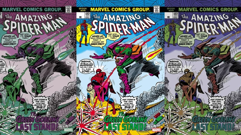 Cover of The Amazing Spider-Man #122 (July 1973), "The Green Goblin's Last Stand!" — the Goblin's Last Stand analysis subject — shown in three color variants, with the Green Goblin on his flyer taunting Spider-Man, who crouches over Gwen Stacy's body vowing "you murdered the only girl I'll ever love."
