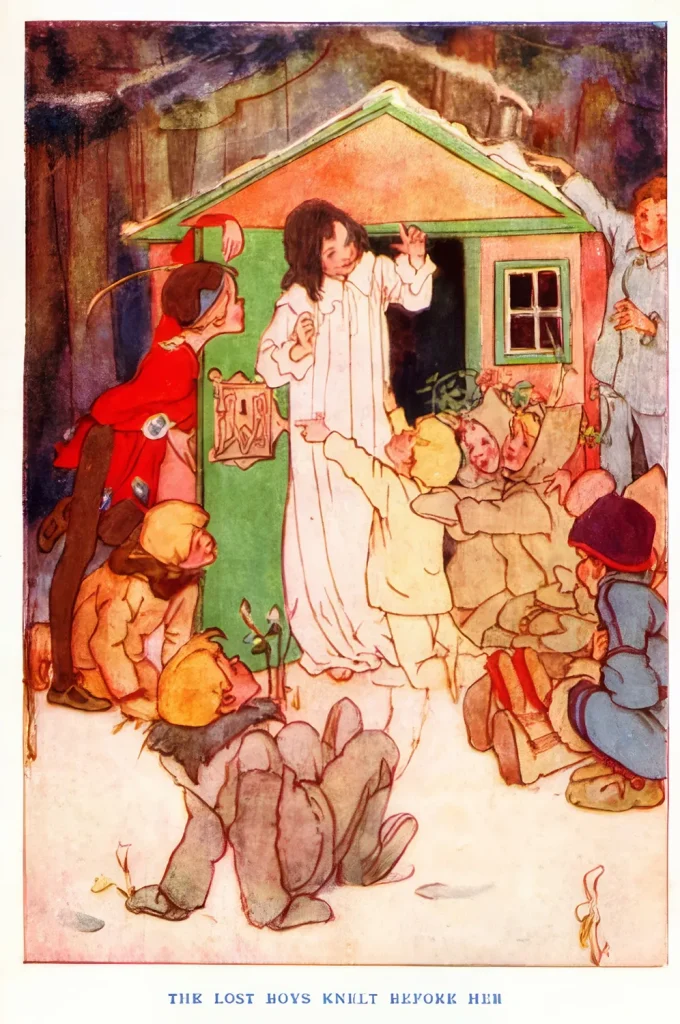 Alice B. Woodward illustration of Peter Pan's Lost Boys gathered around Wendy